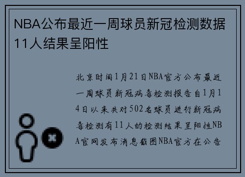 NBA公布最近一周球员新冠检测数据 11人结果呈阳性