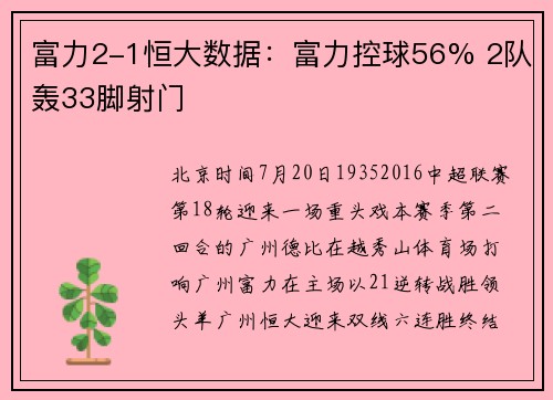 富力2-1恒大数据：富力控球56% 2队轰33脚射门